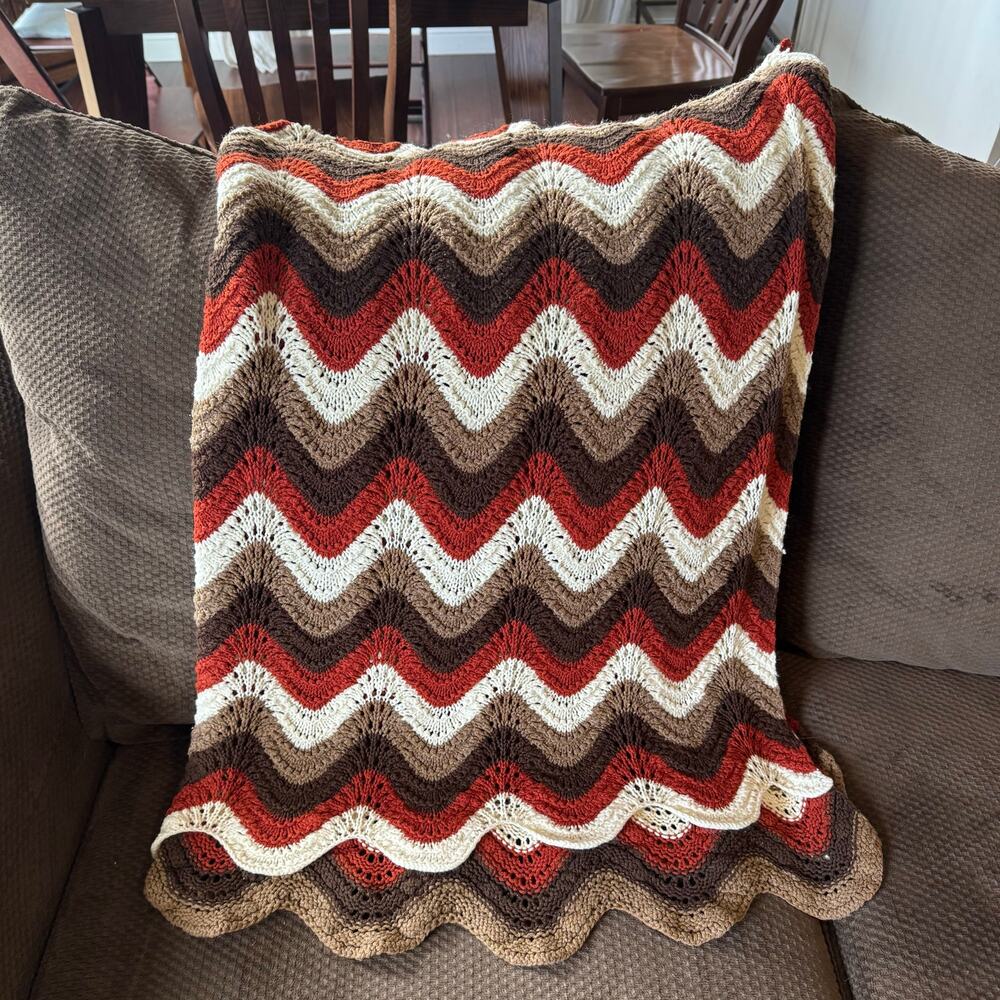 Handmade Crochet Afghan Throw Blanket  Rustic-Toned Yarns Chevron Ripple Pattern